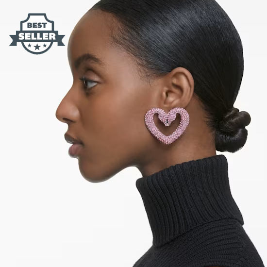 스와로브스키 하트 귀걸이 Swarovski Una clip earrings, Heart, Large, Pink, Rhodium plated
